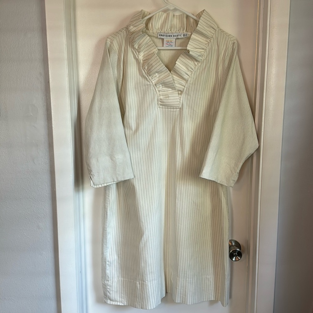 Gretchen Scott ivory and navy pinstripes dress size 12/14